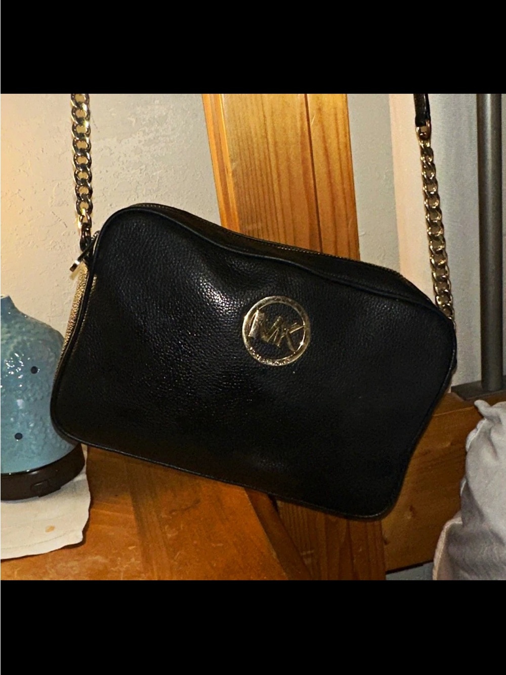 Michael Kors Black Leather Crossbody with Gold MK Emblem